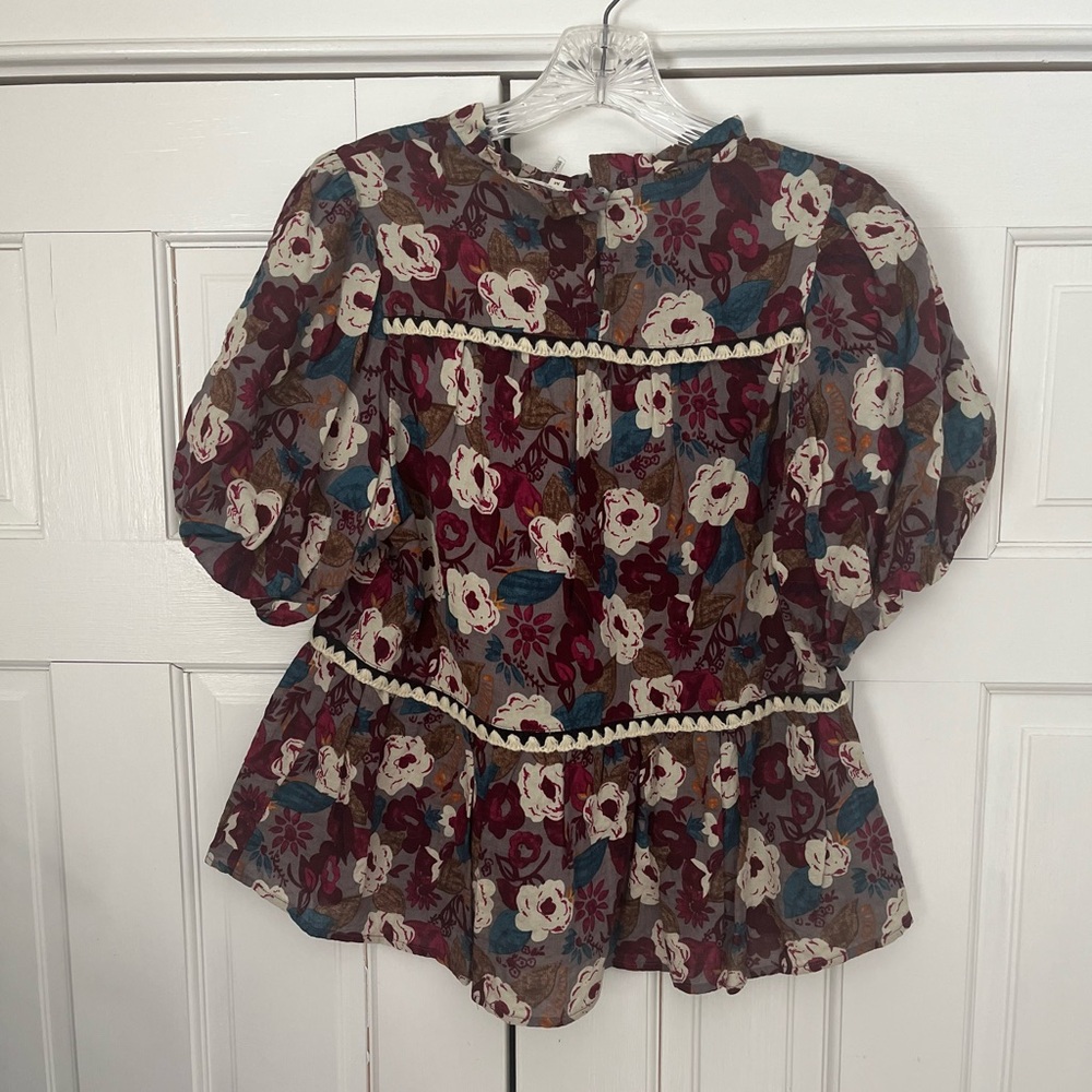 entro Maroon Floral Puff Sleeve Peplum Blouse - Picture 6 of 7